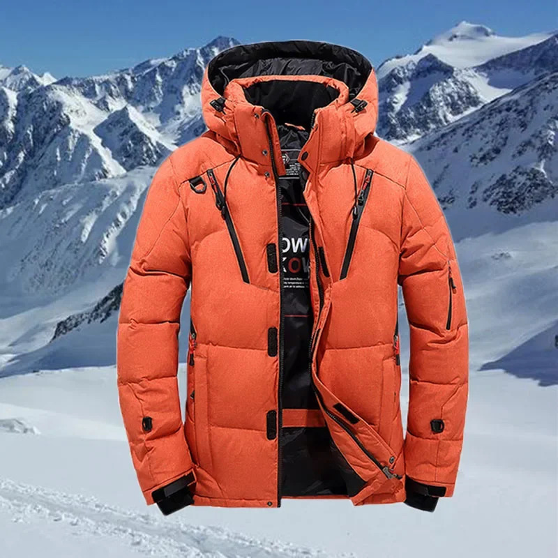 Winter Down Jacket Men's White Duck Down Coat Windproof Warm Motorcycle Coat Thickened Solid Color Hooded Men's Clothing 261016