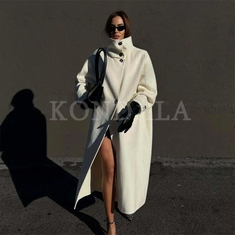 Fall Winter Elegant White Women Long Coats Fashion Casual Button Turtleneck Straight Thick Ladies Long Coats 261016