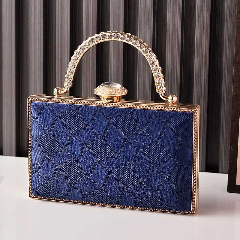 Evening Bags Navy Blue Textured Fabric Evening Bag Women's Rhinestone Handle Metal Frame Clutch Purse Bridesmaid Cocktail Party Handbags H26101