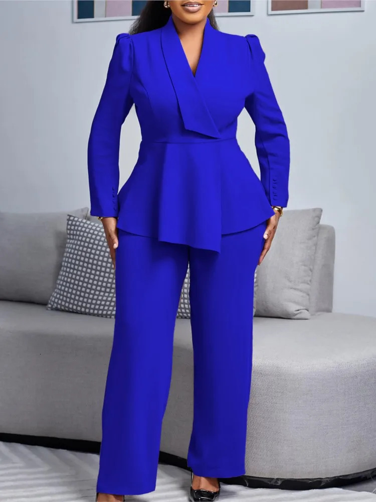 Women Two Pieces Set Elegant Long Sleeves Tops High Waist Pants Trousers Modest Peplum Office Ladies Work Wear Business Suit 261016
