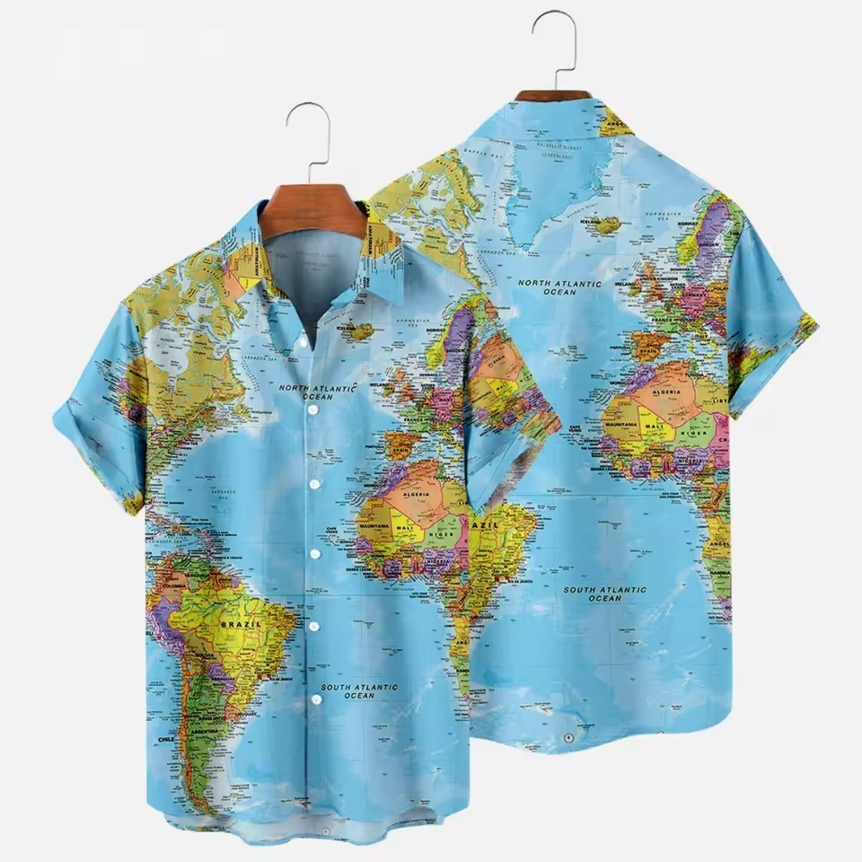 2026 Hawaiian Slim Fit Floral Men's Fashion Map 3D Print Summer Beach Shirt Free Shipping