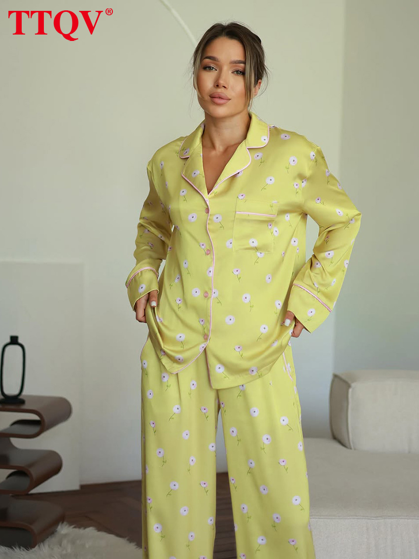 2026 Fashion Loose Print Home Women 2-Piece Sets 2027 Casual Long Sleeve Blouse With High Waist Wide Pants Set Female Streetwear