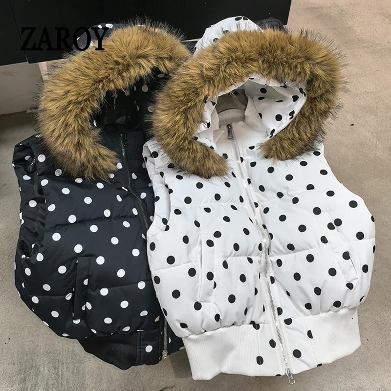 ZAROY Fur Collar Hooded Women Vests Jackets Y2k Harajuku Polka Dot Waistcoat Coat Casual Zipper Gothic Sleeveless Cotton Parkas 261014
