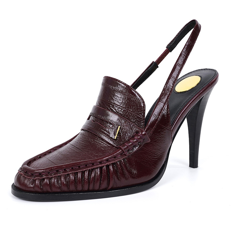 Cowhide pleated metal buckle decoration high heels sandals 10cm thick high heels fashionable and sexy evening dress women's shoes Luxury design