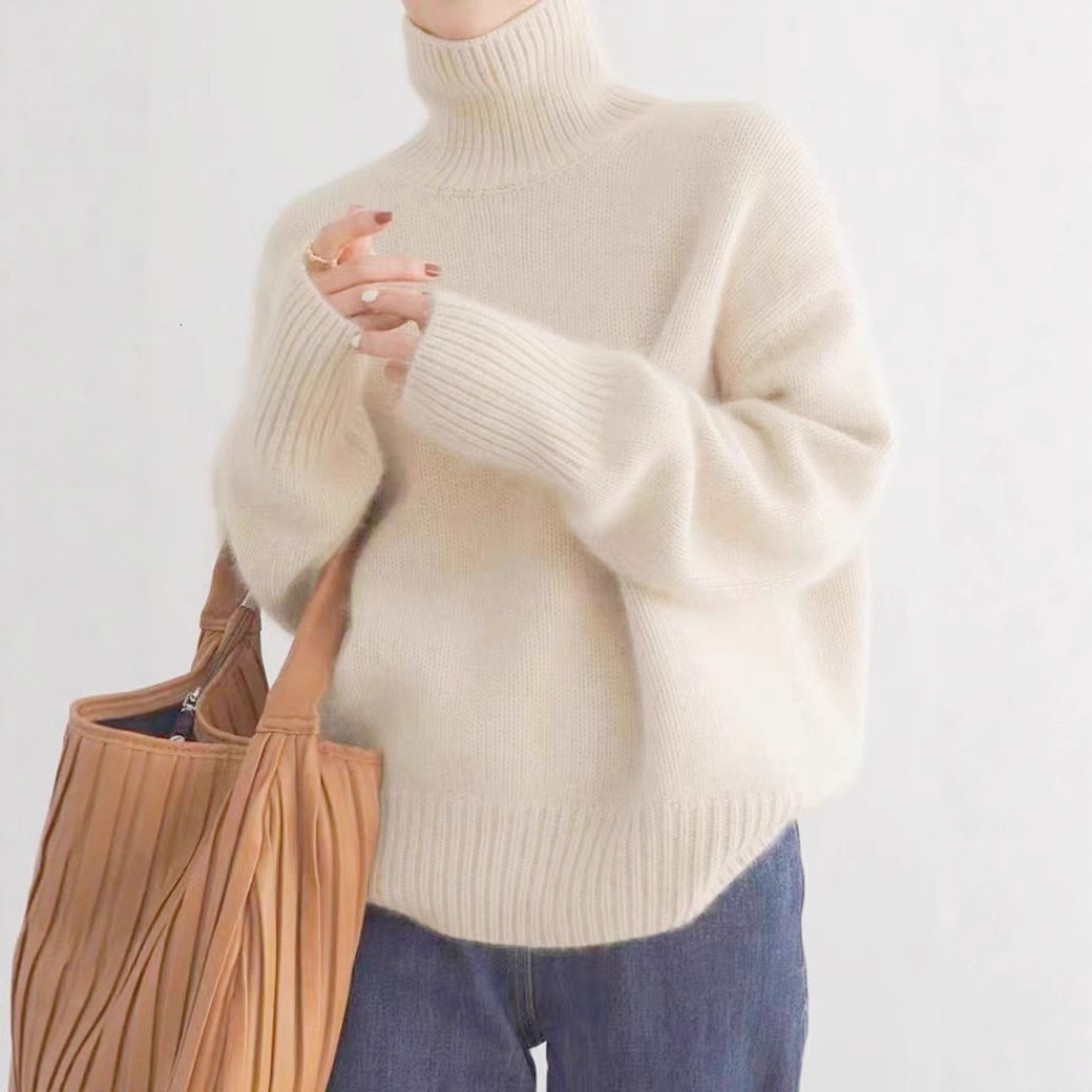 European Style Winter High Neck Sweater for Women Loose Versatile Knitted Pullover Lazy Style Base Shirt Women's Top Coffee Color