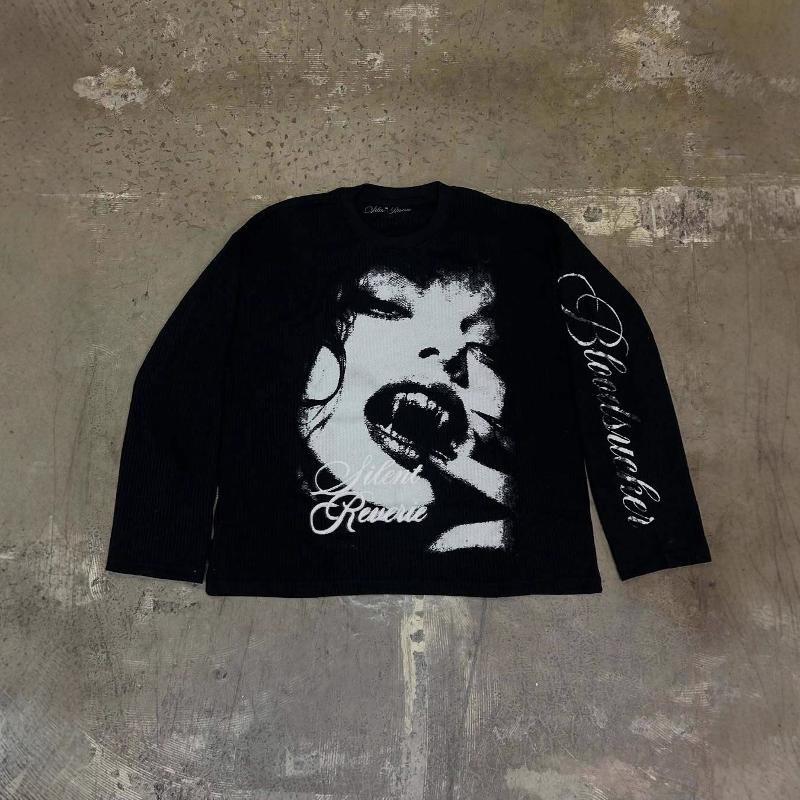 Designer High Quality Oversized Y2K Dark Aesthetic Letter Print T-Shirt Women American Streetwear Long Sleeve Round Neck Casual Pullover Top