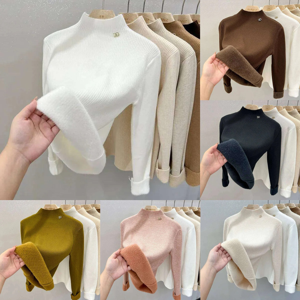 Fleece Sweaters Women S Long Sleeve Sweater Thick Warm Bottoming Velvet Half Turtleneck Pullover Casual Autumn Winter