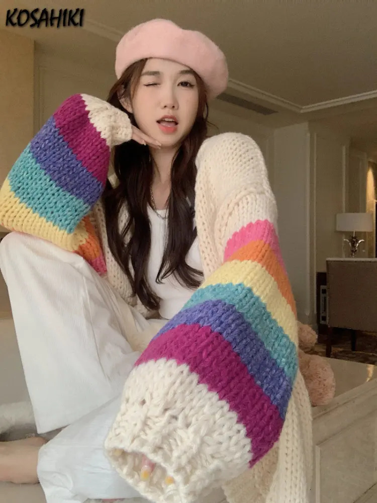KOSAHIKI Vintage Rainbow Striped Sweaters Female Casual Sweet Y2k Cardigan Korean Fashion Knitted Top 2026 Autumn Kardigany 261015