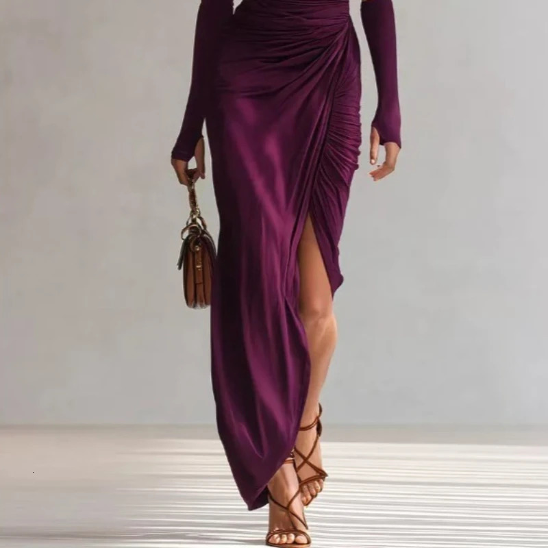 Women's One Shoulder Long Sleeve Evening Dress Elegant Asymmetrical Ruched Bodycon Dress 2026 High Grade Satin Long Dresses 261015
