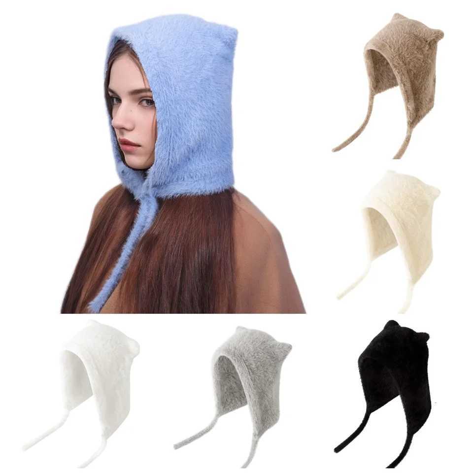 Beanie/Skull Caps Winter Mink Velvet Fur Beanies for Women Men Cute Bear Ear Knitted Hat Crimped Straps Pullover Hat Hoody Balaclava Mom Gift Q26101