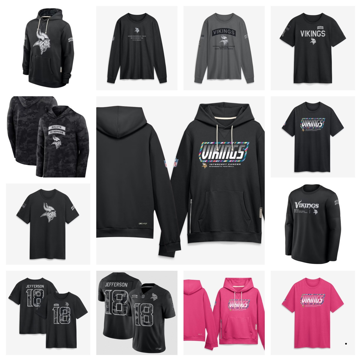 Vikings 2026 Men Crucial Catch Sideline Standard Issue Pullover Hoodie T-shirt Jerseys Women Youth Black Pink Jacket