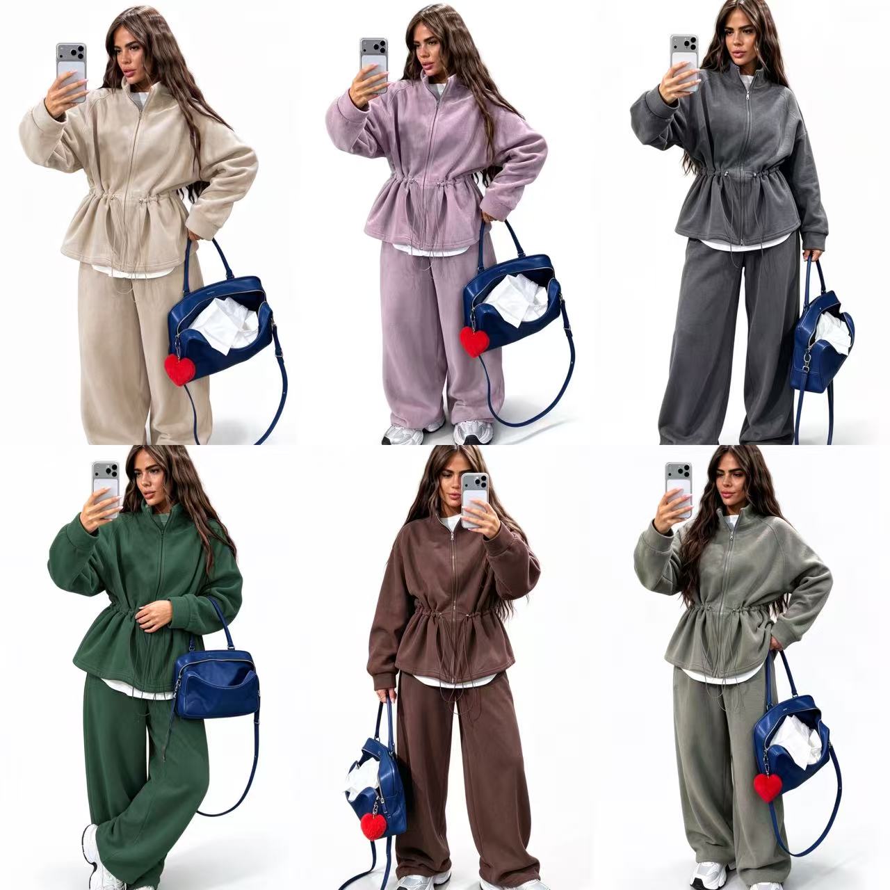 Womens Designer Fleece Tracksuit Piece Set Zip Up Stand Collar Jacket Drawstring Waist Wide Leg Pants Casual Street Sports Outfits