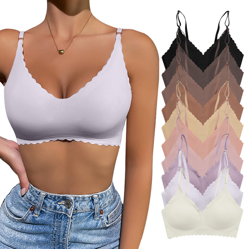 Hot Sale 9 Colors Comfy WireFree Padded Wavy Edge Korea Laser Cutting Invisible Yoga Wear Ladies Seamless Women Bra dongdumaoyi