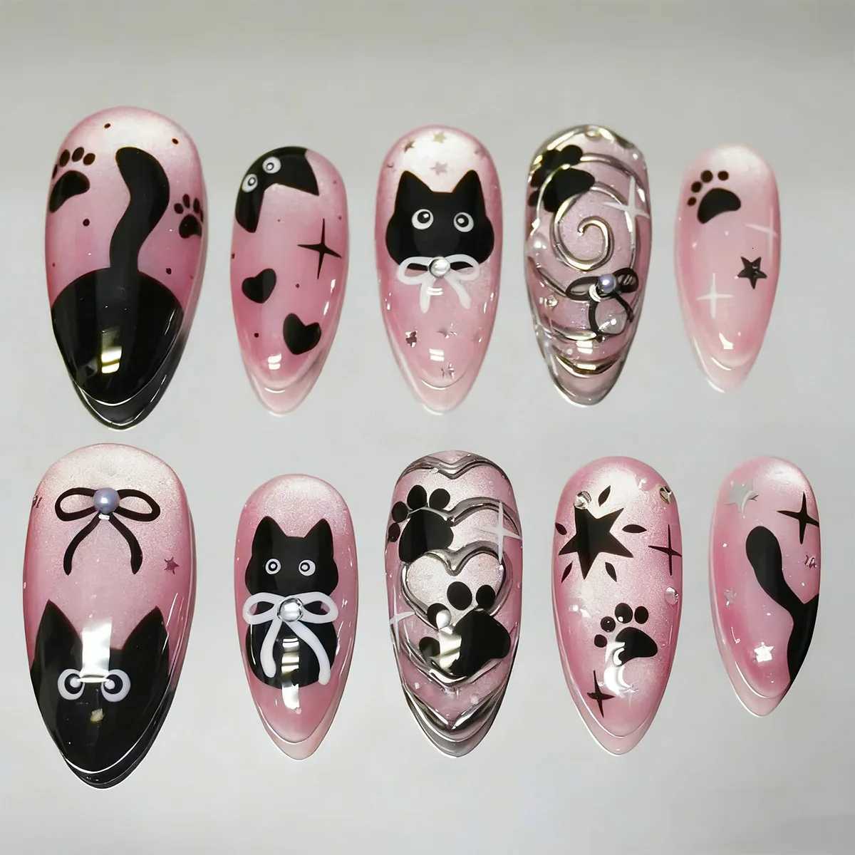 False Nails 24pcs Sweet Cool Pink Cat Eye Press on Nails Black Cat Print Almond Fake Nails for Women Girls Wearable Korean False Nails Q261017