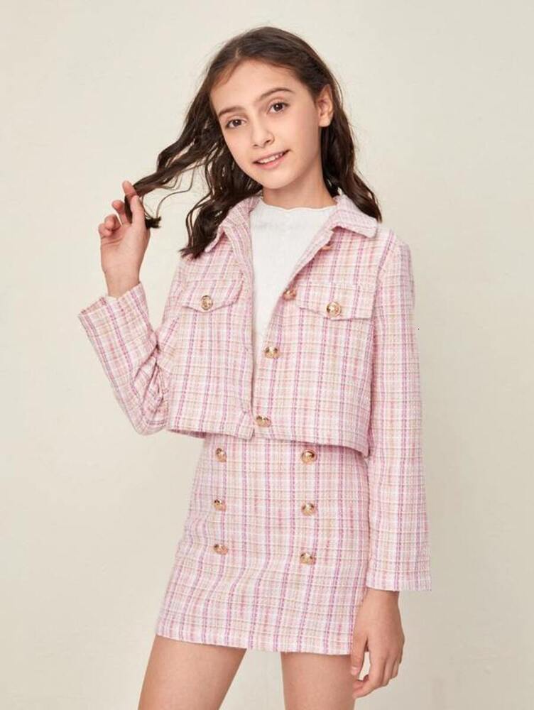 cologne M2 perfume 2026 New Girls Gold Button Detail Tweed Jacket Skirt Set SHE Designer