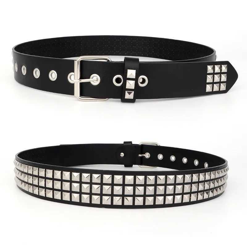 Fashionable Belt with Metal Square Beads Cool Leather Belt Trendy Studded Western-Style Punk and Star-Patterned Unisex Belts S261017Y90C