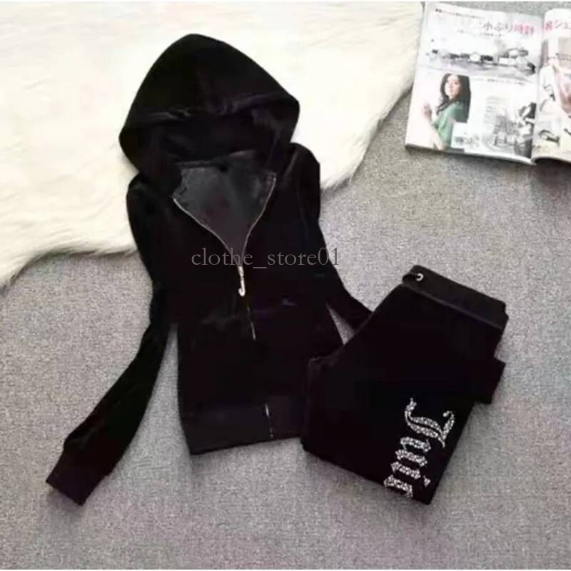 Juicy Womens Two Piece Pants Juicy Culture Velour Spring Autumn Sportswear Cropped Zip Velour Hooded Jacket Rhinestone Decor Soft Plush Top Y2k Retr