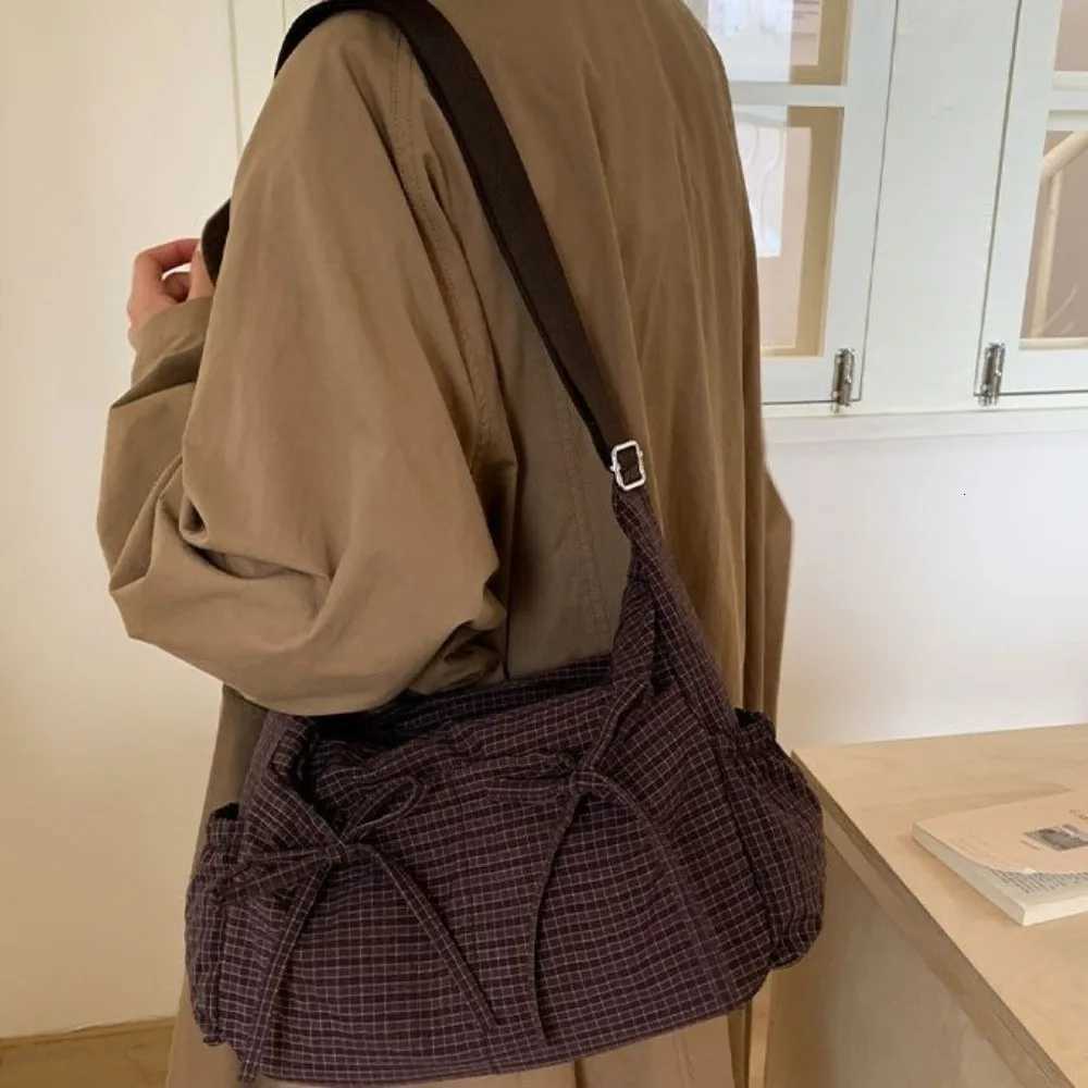 Evening Bags Cute Grid Bow Crossbody Bag Pleated Large Capacity Nylon Shoulder Bag Korean Style Multiple Pockets Hobo Bag Outdoor H261016