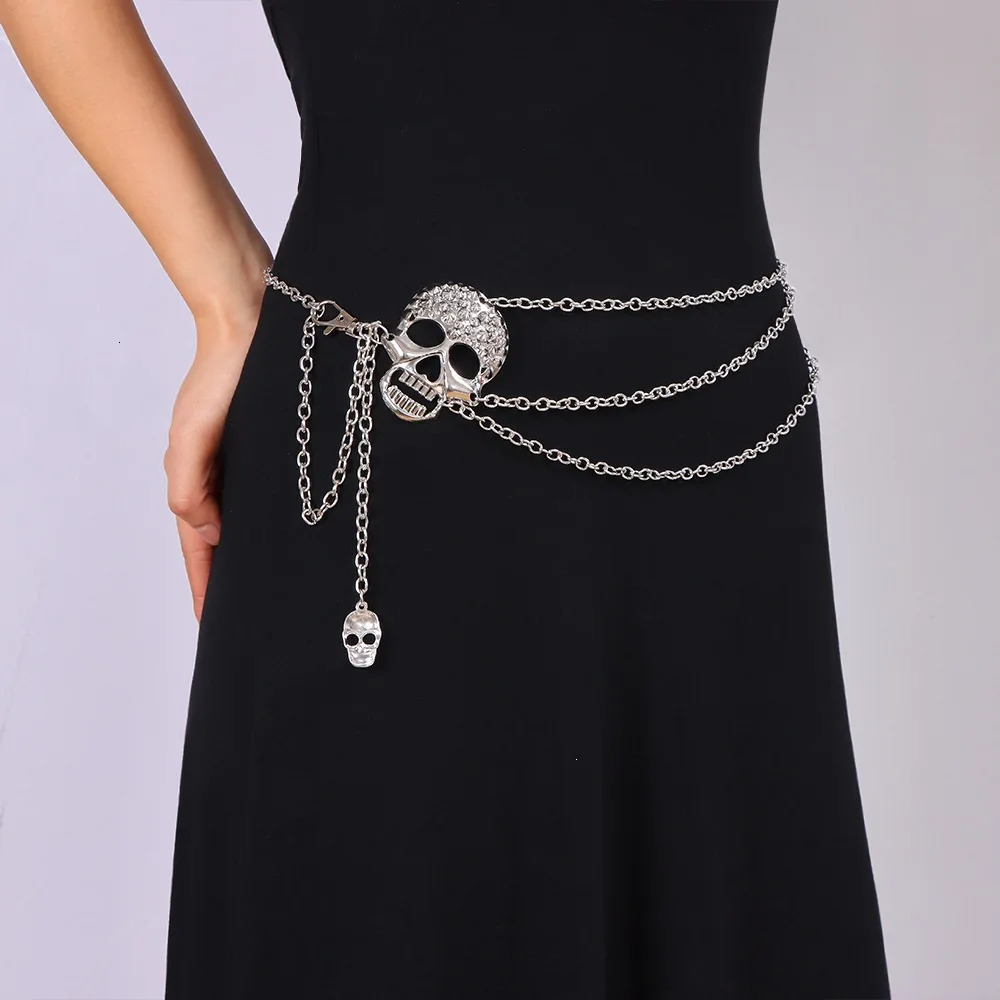 Women's Fashion Silver Rhinestone Skull Multi Layer Metal Waist Body Chain Y2K Gothic Punk Rock Hip Hop Accessory Spring Summer 261012