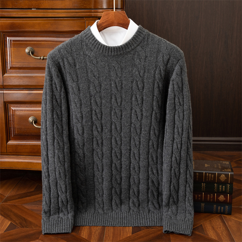 Autumn and Winter New Wool Men's Round Collar Pure Color Pullover Jacquard Thick Loose Cashmere Sweater 26Y1017