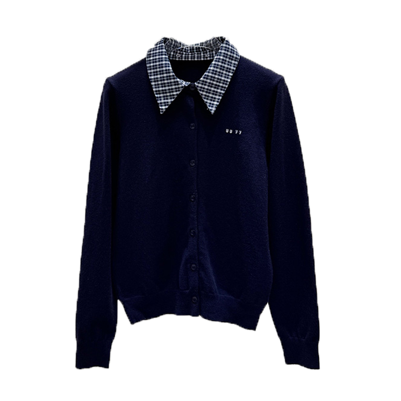 Autumn Plaid Lapel Sweater Cardigan Women Embroidered Button Knitted Tops Elegant Daily Versatile Warm Sweater Coat