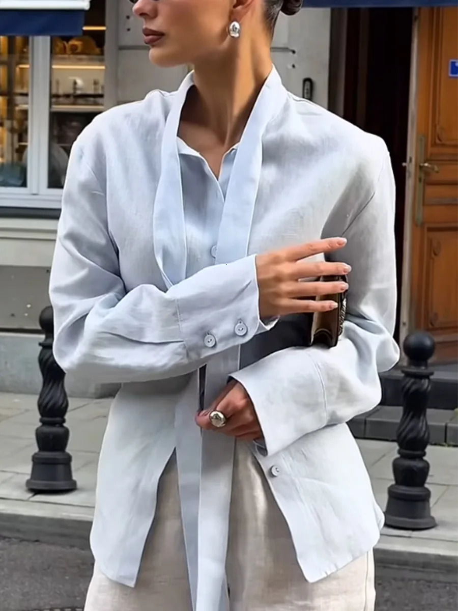 Wolfeel 100% Cotton Autumn Tie Belted Shirt Women's Floating Ribbon Cardigan Top Commuting Slim Blouse 261015