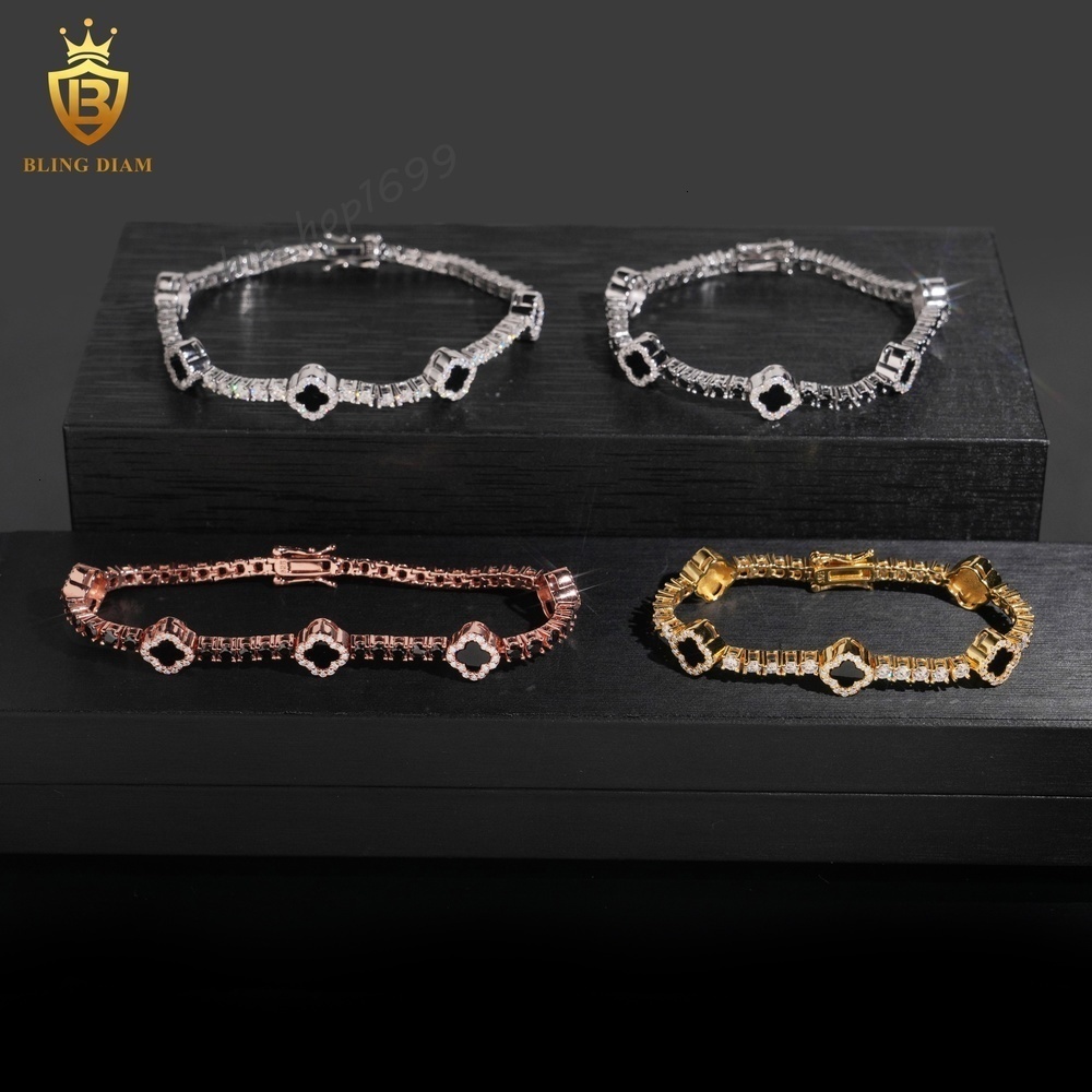 Wholesale MOQ 3mm Four Clover Black Leaf 925 Sterling Silver Luxury Hip Hop Moissanite Diamond Tennis Chain Bracelet