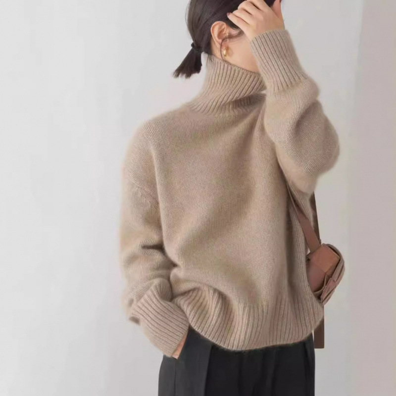Winter High Style European Neck Sweater for Women Loose Versatile Knitted Pullover Lazy Style Base Shirt Women's Top Coffee Color 's