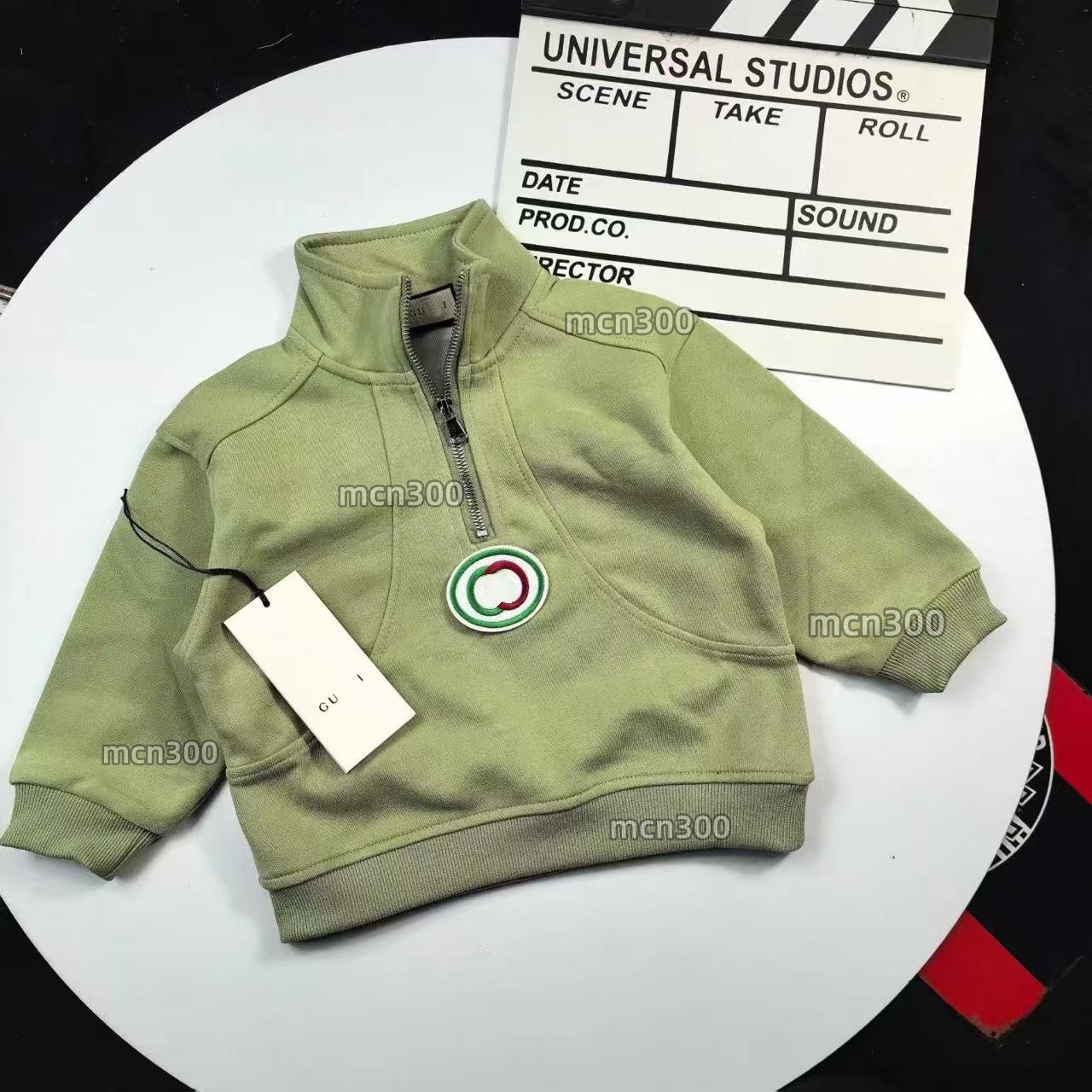 Free Shipping Toddler Boys Girls Half Zip Stand Collar Sweatshirt Kids Green Embroidered Logo Long Sleeve Pullover Casual Spring Autumn Children Out