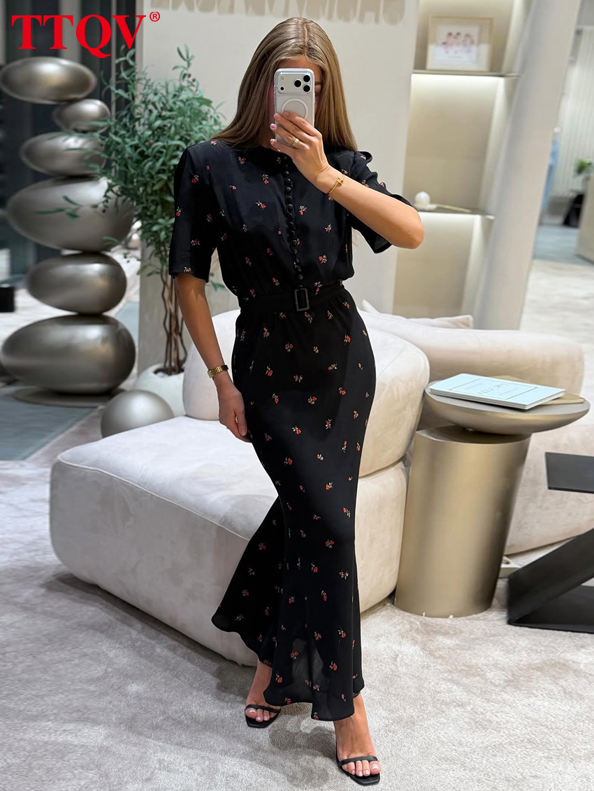 Fashion Slim Print Women's 2026 Summer O-Neck Short Sleeve Ankle Length Dresses Lady Elegant High Waist Female Dress
