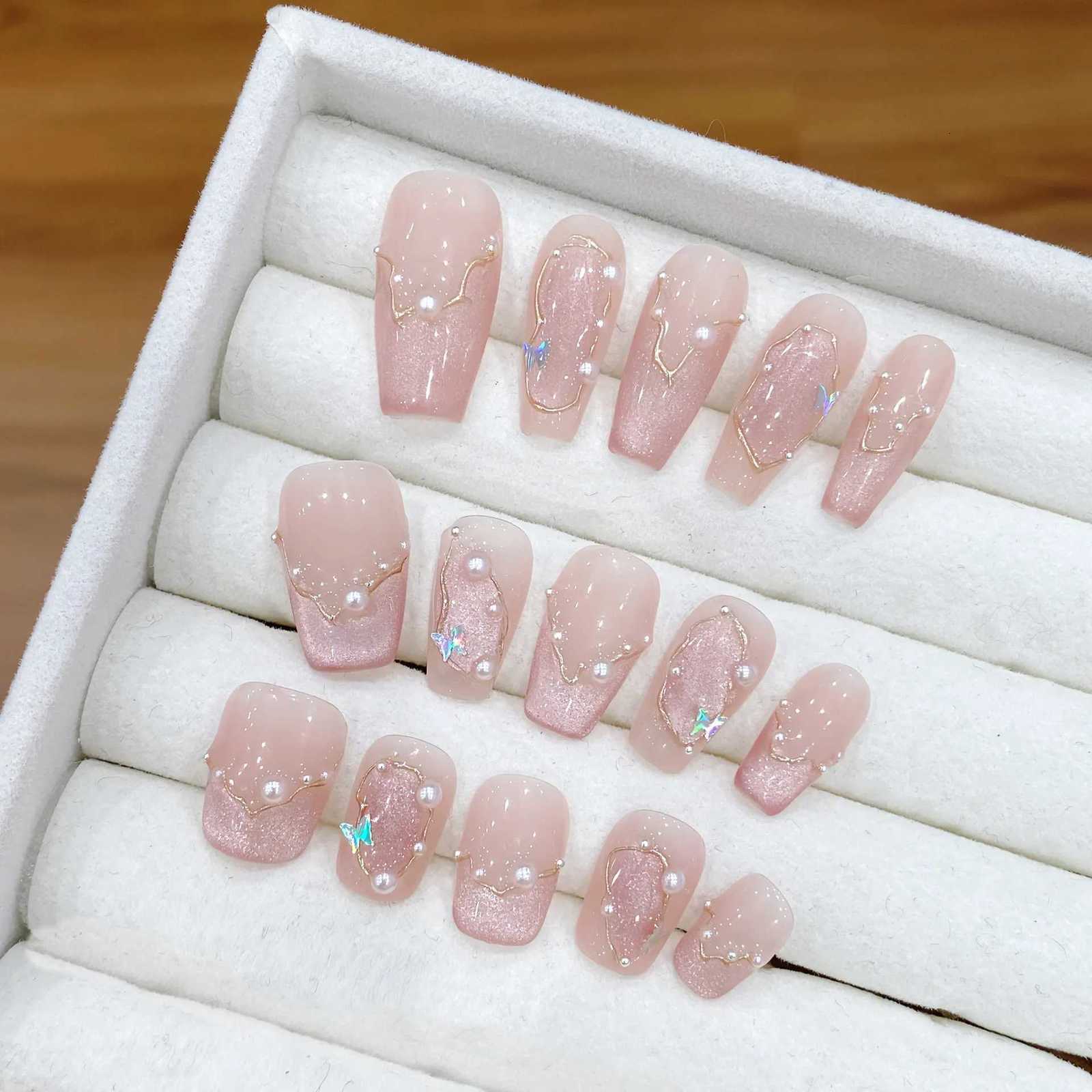 False Nails 10pcs Pure Hand Pressed Coffin Nail Art Beautiful Fake Nails Pink Cat's Eye With Butterfly Pearls Suitable For Women Q261017