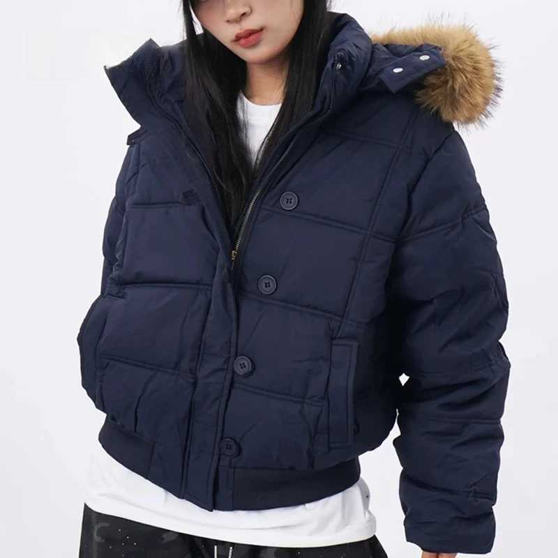 Women's Down Parkas Retro Puffer Coat Women Fur Hood Quilted Slim Casual Short Parka Thick Warm Windproof Winter Cotton Padded Jacket T261017