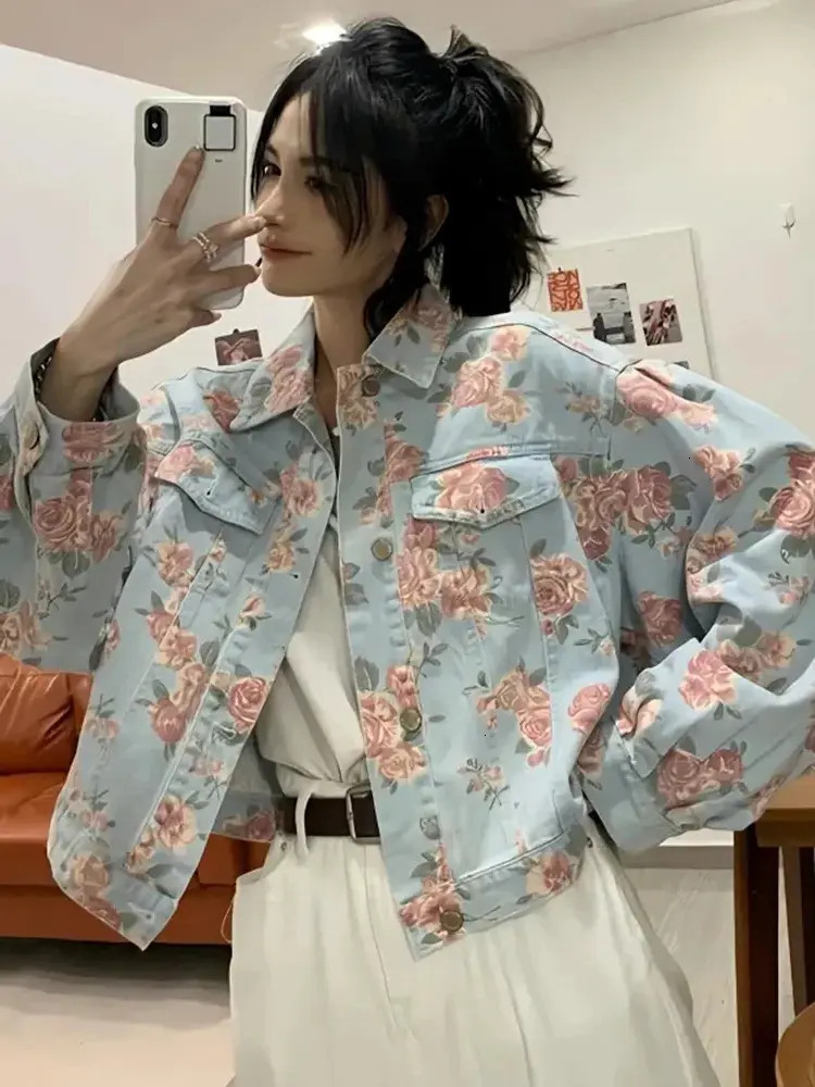 Women Short Jacket Jmprs Vintage Rose Floral Denim Jackets Women Korean Loose Elegant Short Coat Sweet Long Sleeve Casual Lady Retro Harajuku Tops c