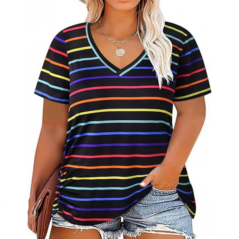2026 European And American Clothing Foreign Trade 3D Striped Printed Short-Sleeve V-Neck Women's T-Shirt Free Shipping