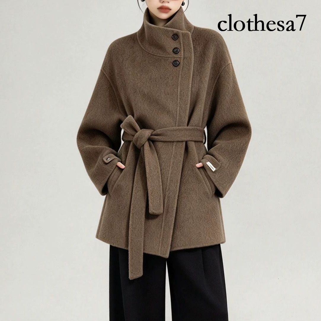 Hot-selling wholesale winter new style stand-collar single-breasted double-sided wool for women with ties, simple cashmere woolen coat