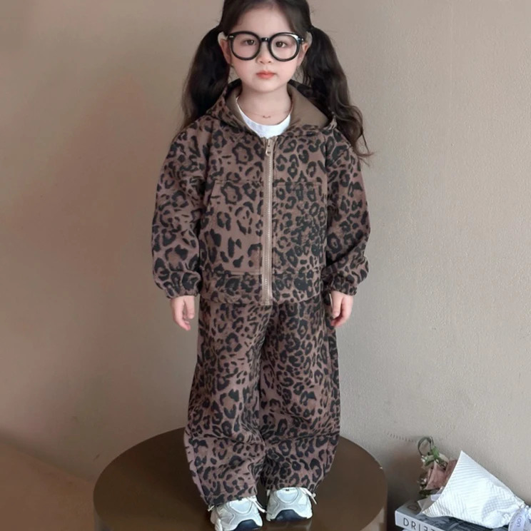 Girls Suit Autumn and Winter Children's Clothing Korean Style Girl Baby Fashion Leopard Print Hoodie Sports Two Sets 261015