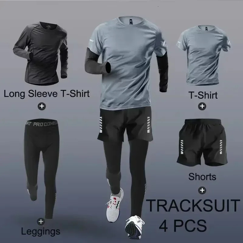Mens Sportwear 2-4 PCS Sets Tracksuit Sport Suits Men Sports Quick Drying Running Sets Joggers Training Gym Fitness Workout 261013