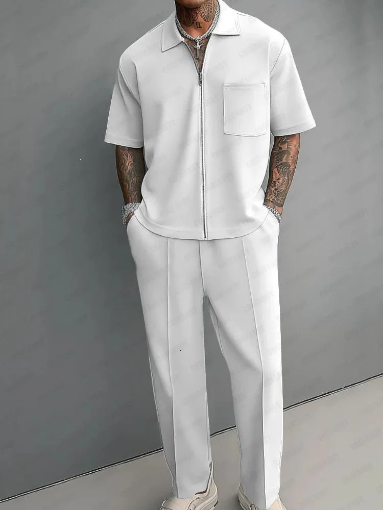 Men 2 Piece Outfits Half Zip Polo Short Sleeve Shirt Straight Leg Pants Set Casual Solid Color Knit Tracksuit Streetwear Suit 261013