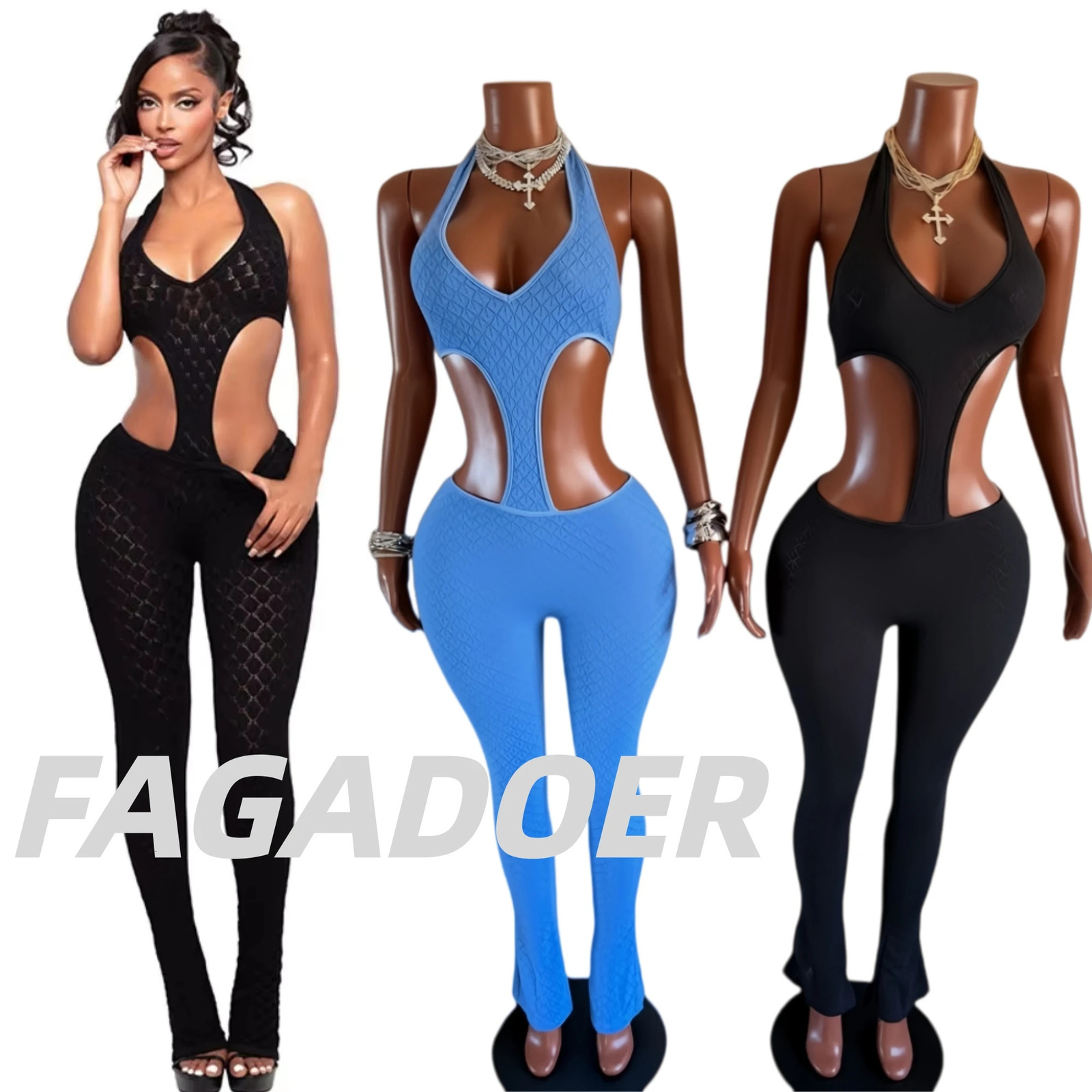 FAGADOER Sexy Lace Hollow-out Patchwork Bodycon Jumpsuits Woman Halter See Through Backless Rompers Female Streetwear Overalls 261015