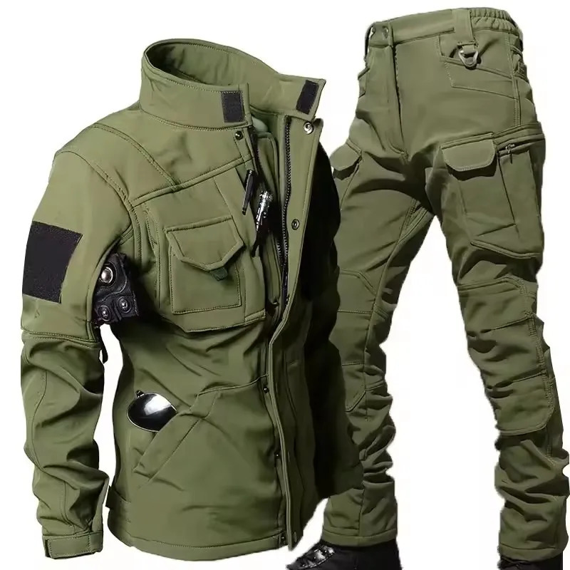 Waterproof Shark Skin Tactical Sets Mens Thicken Fleece Soft Shell Combat Jacketswindproof Warm Cargo Pant 2 Piece Set 261016