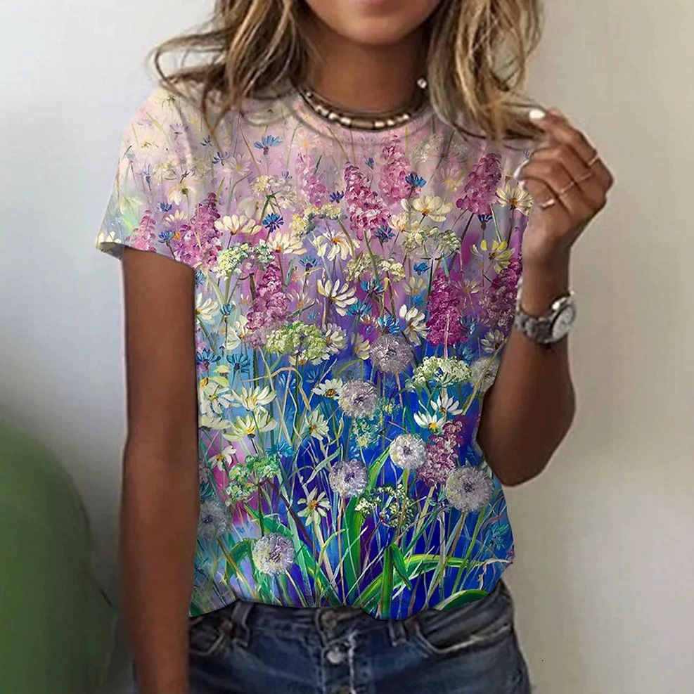 2026 European American Independent Station, Wish, And Round-Neck Floral Print Short-Sleeve T-Shirt, Women's Casual Wear Free Shipping