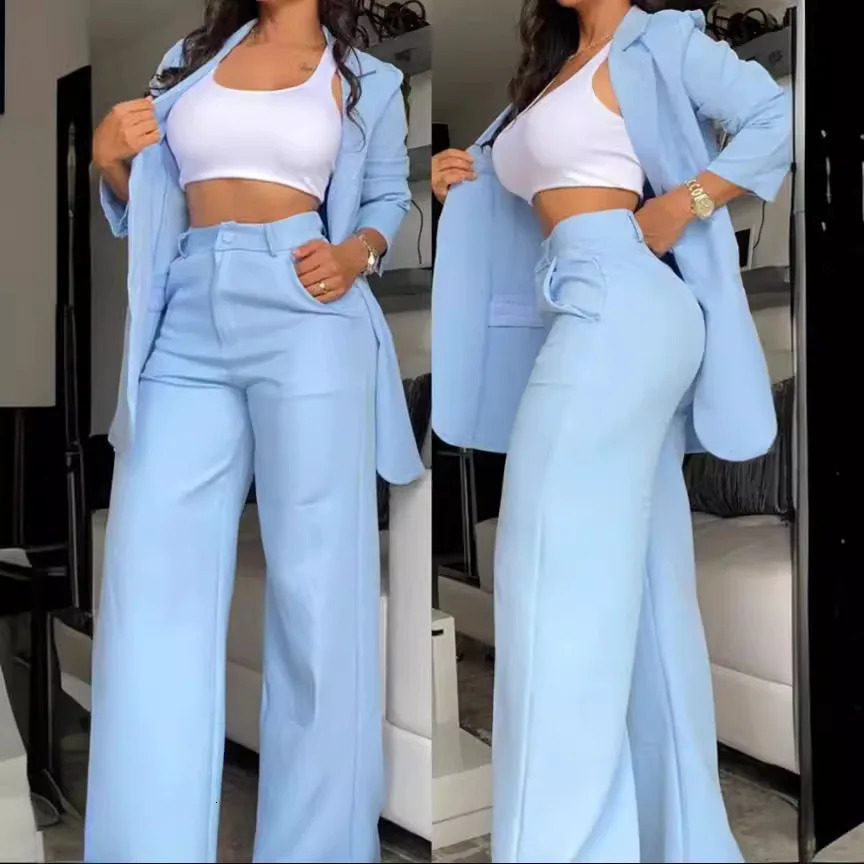 Women's Suit Autumn Solid Color Suit Top Straight Pants 2-piece Set Commuting Simple Slit for Female 261016