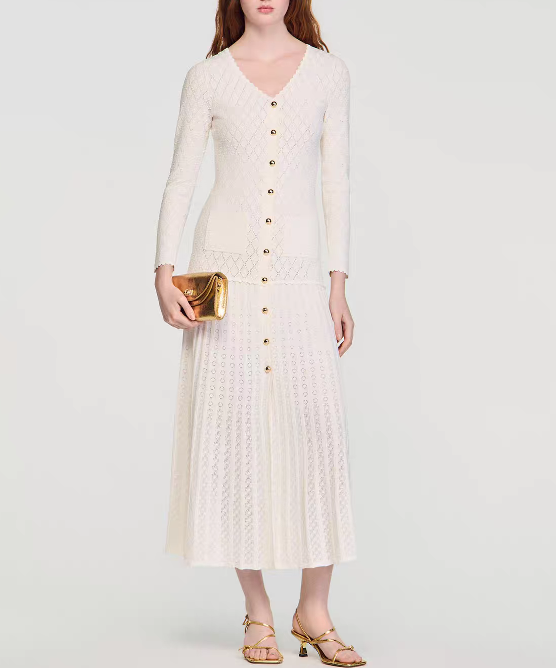 Women's Single-Breasted V-Neck Knitted Dress Lace Trim Splicing Long-Sleeved Ladies Elegant Pleated Long Robe