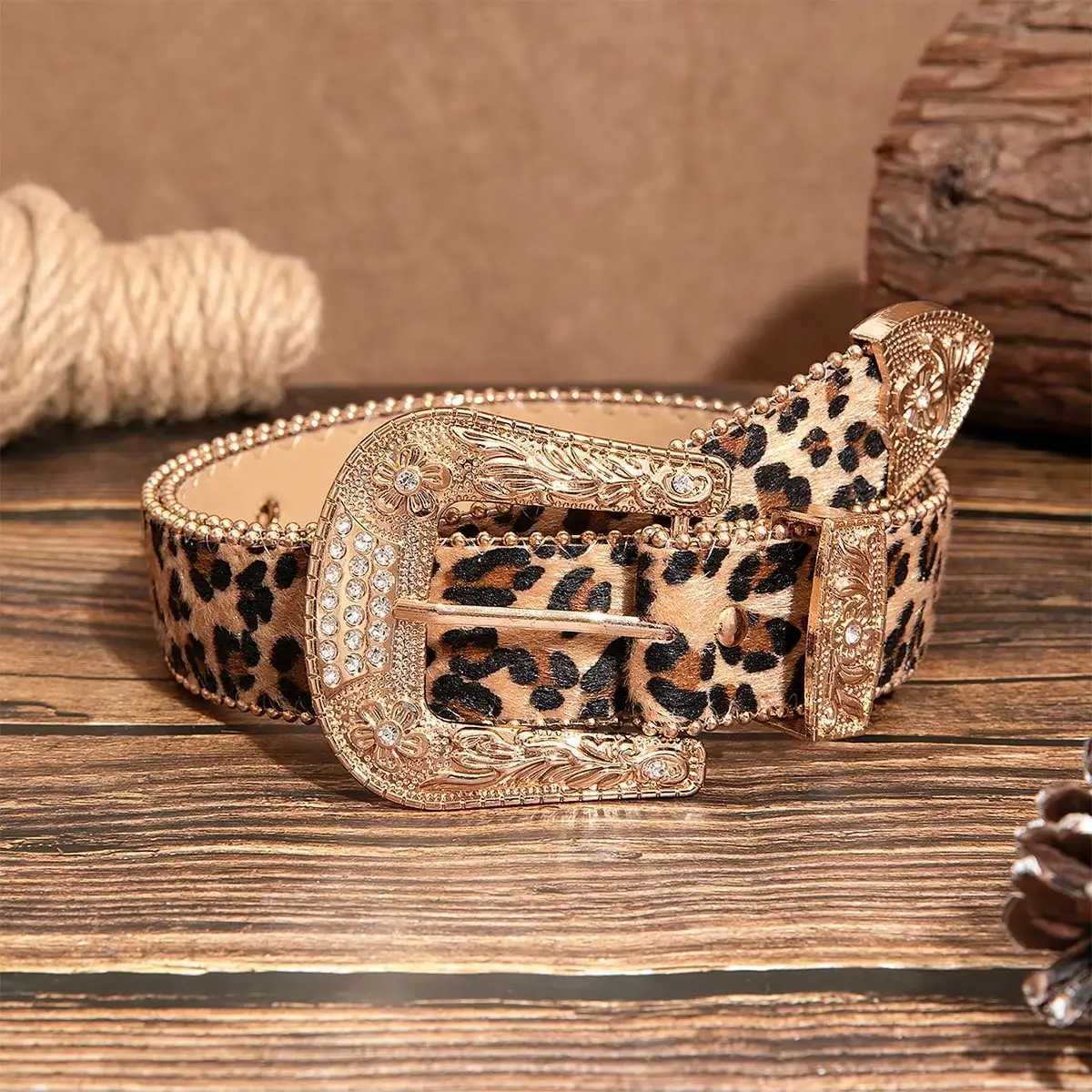 Luxurious and elegant leopard print rhinestone-engraved metal buckle beaded belt for women's jeans a versatile accessory belt S261017FEY6
