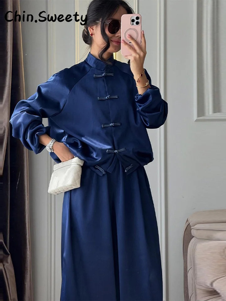 Casual Women's Satin Frog Buttons Jacket Pants Sets Stand Collar Long Sleeve Jackets Loose Lantern Pant 2026 Autumn Fashion Suit 261015