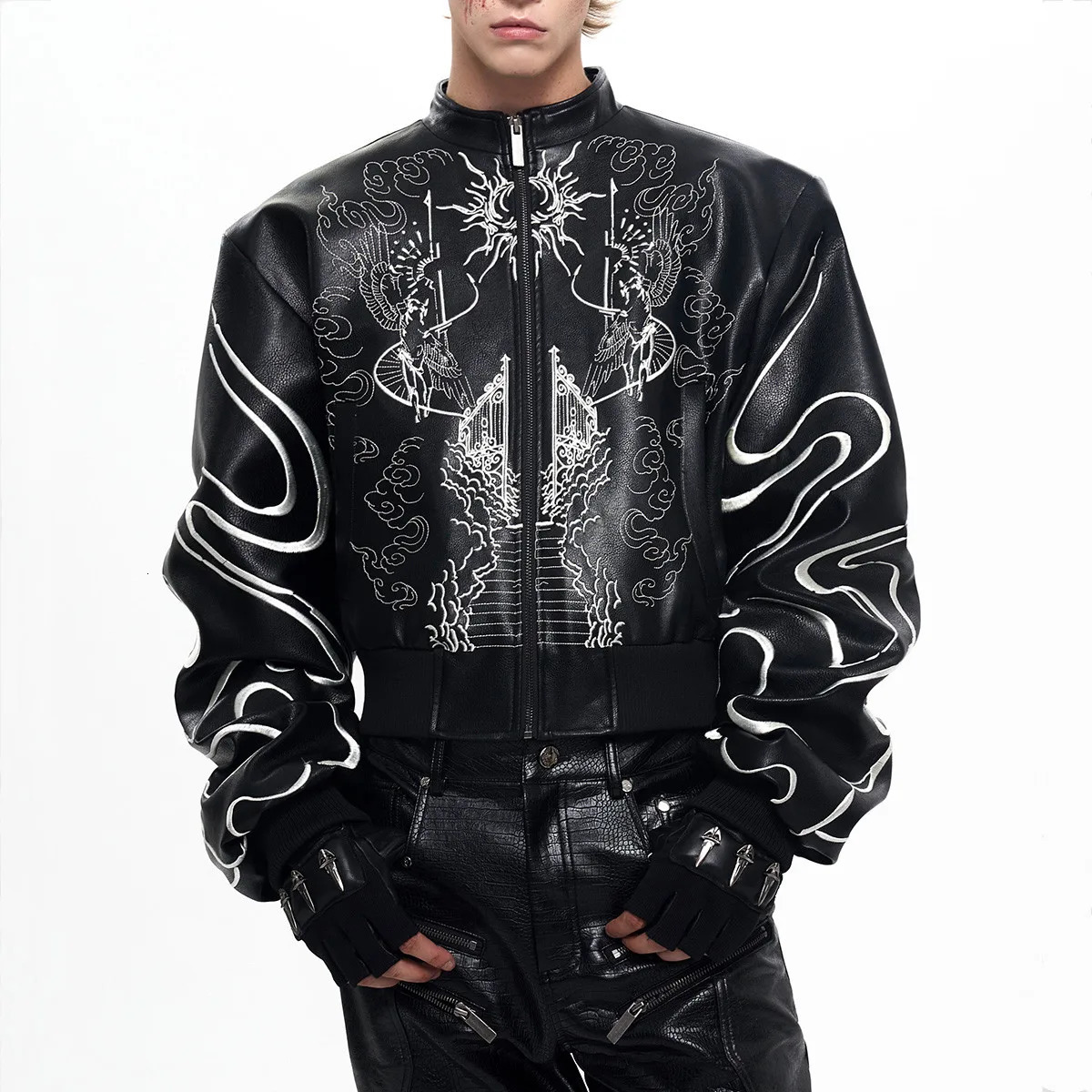 Good Quality Techwear Style Embroidery Punk Pu Leather Jacket Man Autumn Stand Collar Motorcycle Short Leather Coat 261013