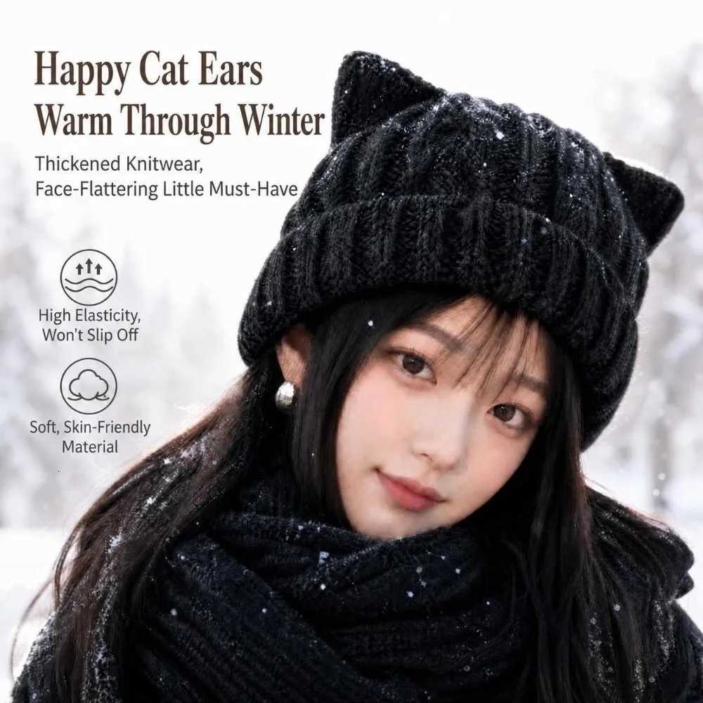 Beanie/Skull Caps Thick Warm Cat Ear Beanie Hat 56-58cm Circumference Face Slimming Design Acrylic Knitted Hat Cuffed Style Fall Winter Skull Cap Q2