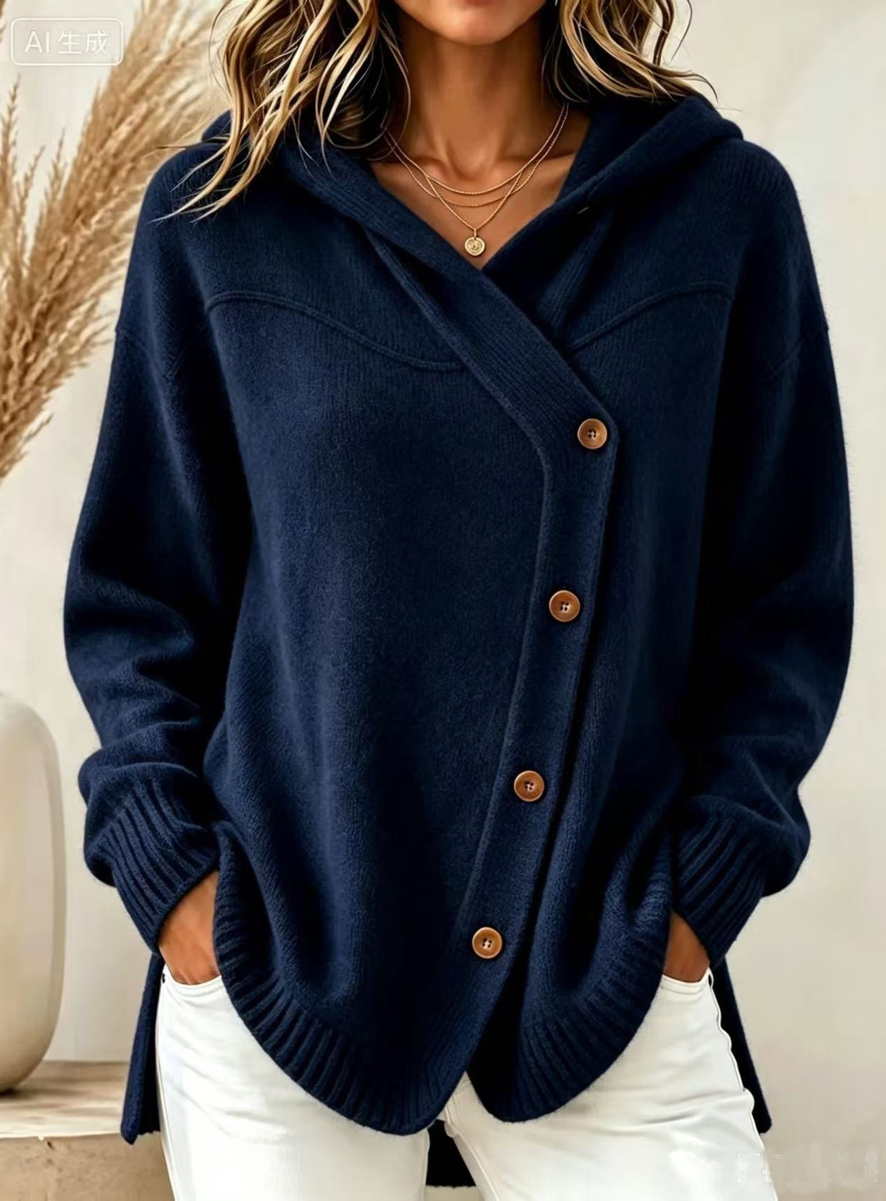 1847 European and American style autumn/winter new women's sweater casual loose button long sleeve hooded cardigan
