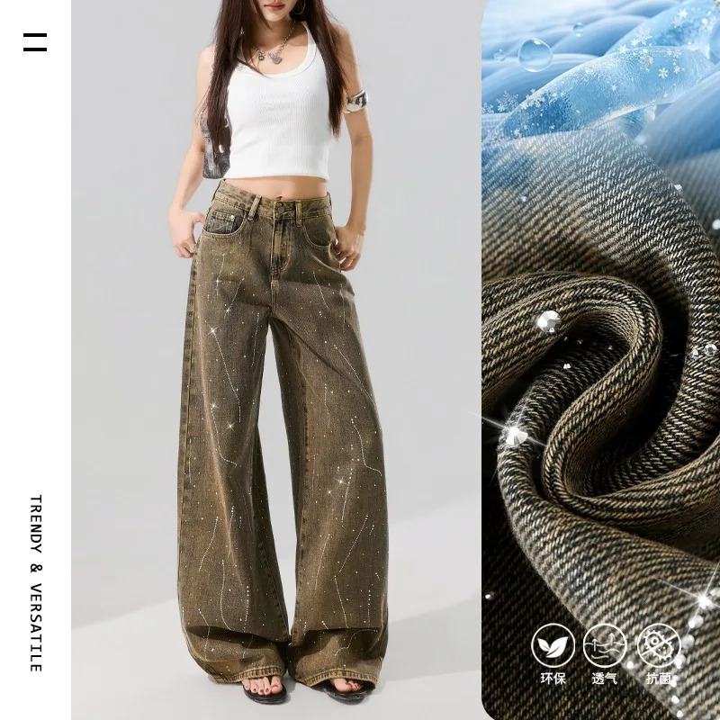 Women's Korean Style Loose Rhinestone Wide Leg Jeans Summer Vintage Wash American Retro Casual Streetwear Denim Pants 261016