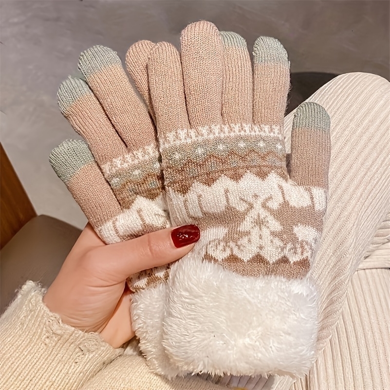 Christmas Reindeer Jacquard Knit Gloves Plush Cuff Thick Warm Gloves Autumn Winter Soft Coldproof Touchscreen Gloves260920ww